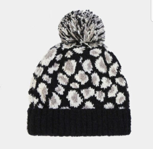 Women's Pom Pom Sweater Beanie Leopard Pattern