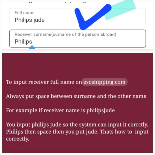 Always put spaces between names when inputing full name like if the receiver name is philipjude you input