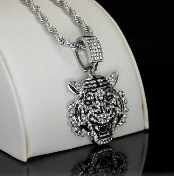 ⚠️Mens Iced Cz Mighty Tiger Pendant 14k Gold or Silver Plated 24" Necklace